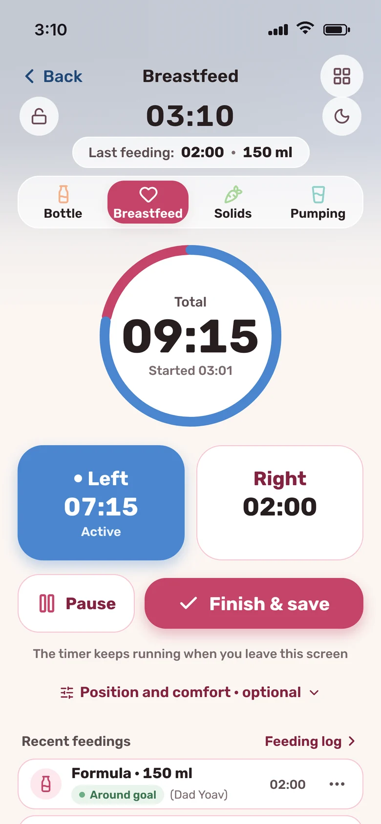 Bani’s breastfeeding screen at 3 a.m., with a timer for each side