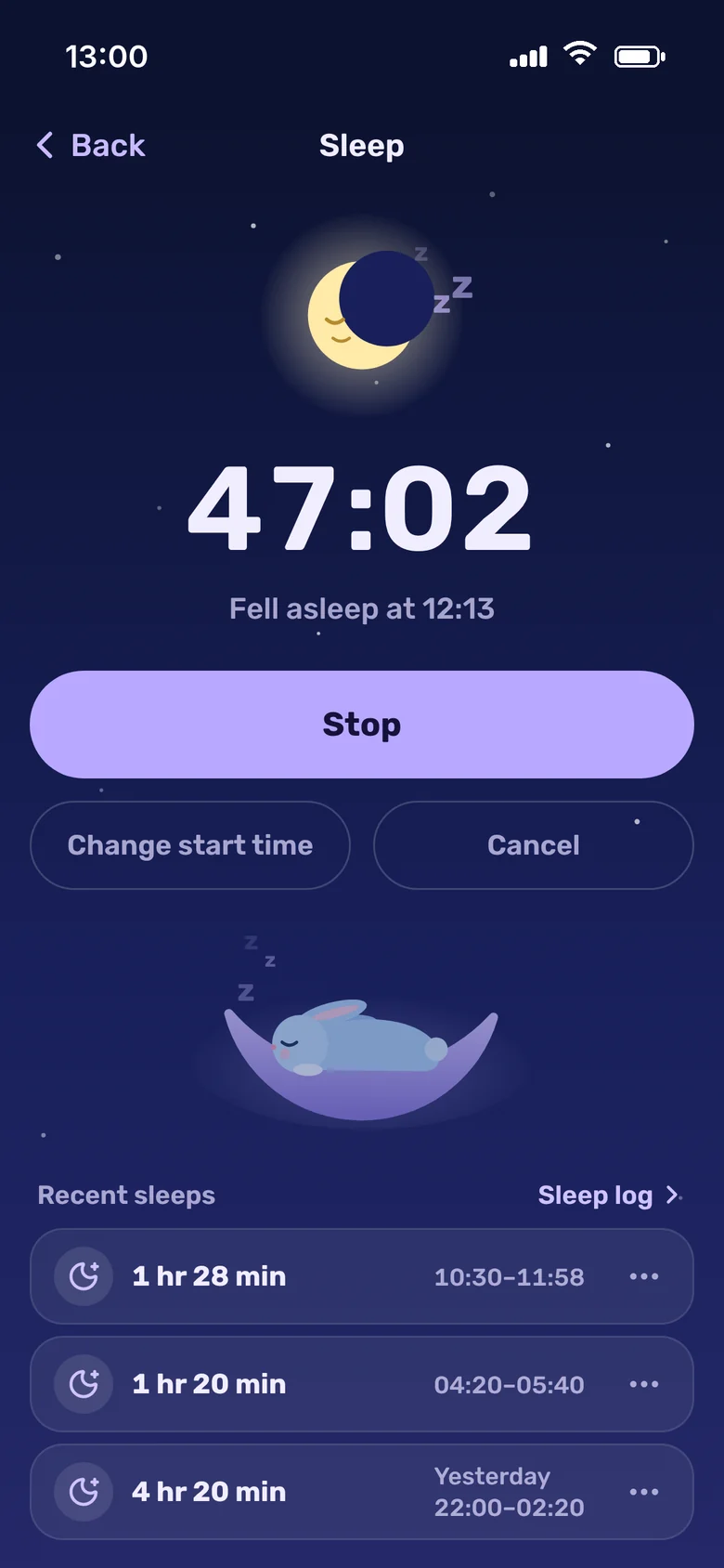 Bani’s sleep screen, with a timer